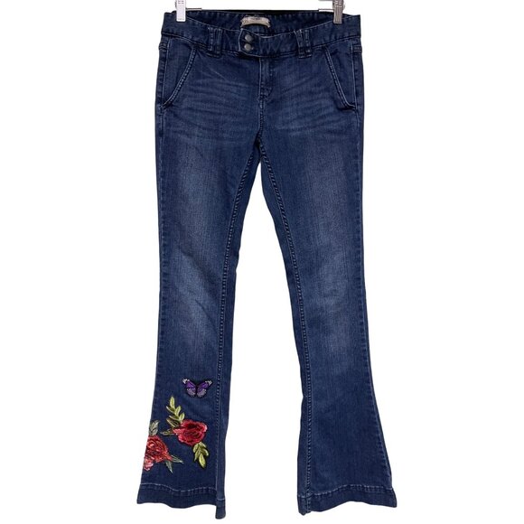 Free People Women's Jeans Blue Flare Embroidered Rose Butterfly Floral Size 29 - Picture 1 of 9